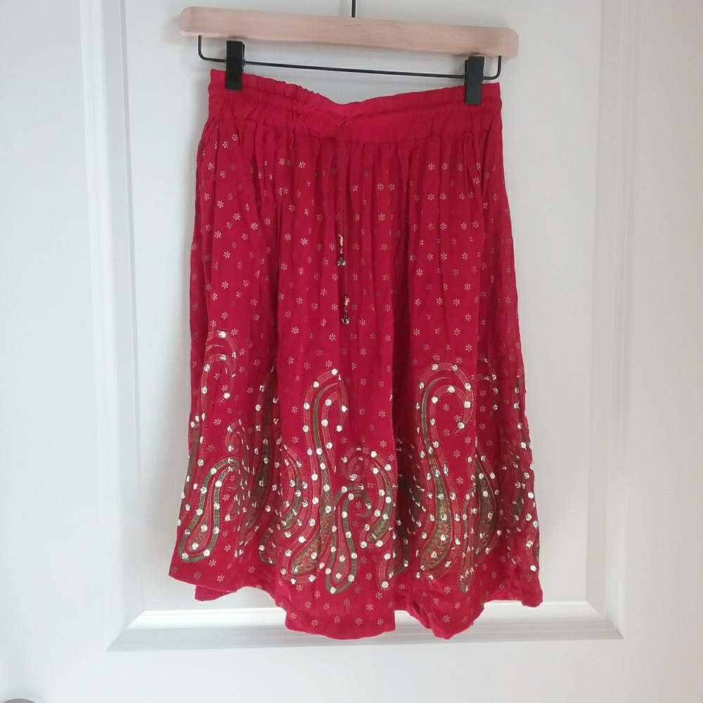 Red Sequins Bollywood Crinkle Circle Women's Skirt